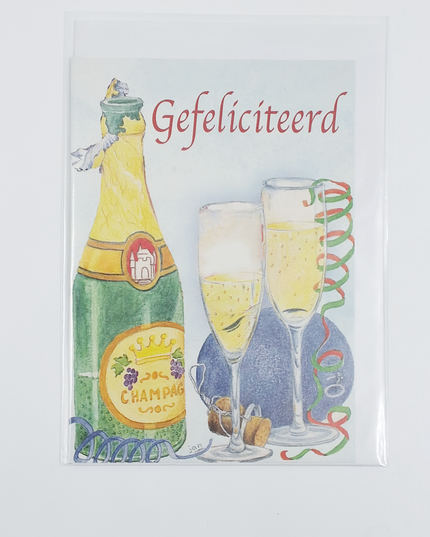Wenskaart champagne, gefeliciteerd