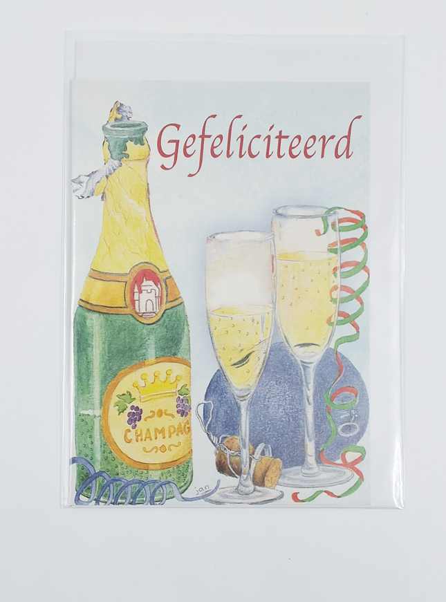Wenskaart champagne, gefeliciteerd