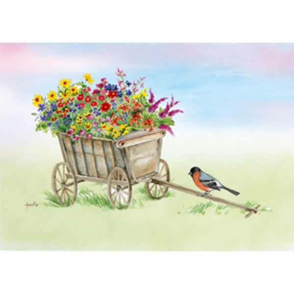 Wenskaart bolderkar bloemen goudvink