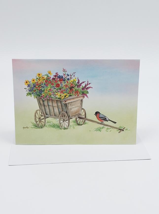 Wenskaart bolderkar bloemen goudvink