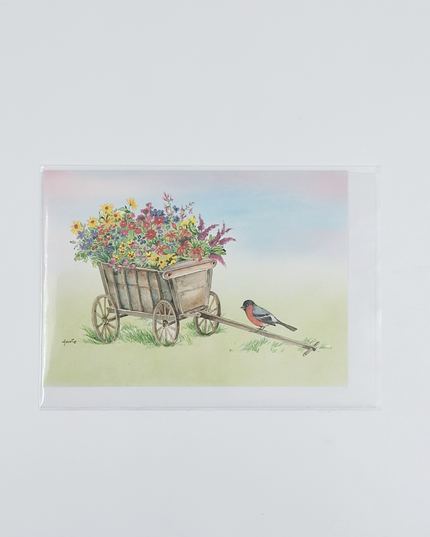 Wenskaart bolderkar bloemen goudvink