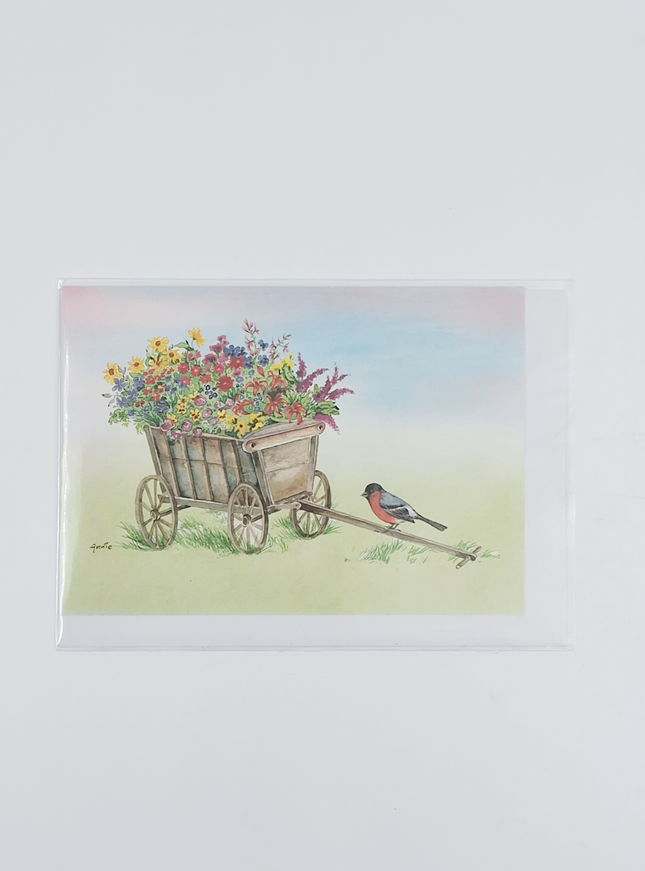 Wenskaart bolderkar bloemen goudvink