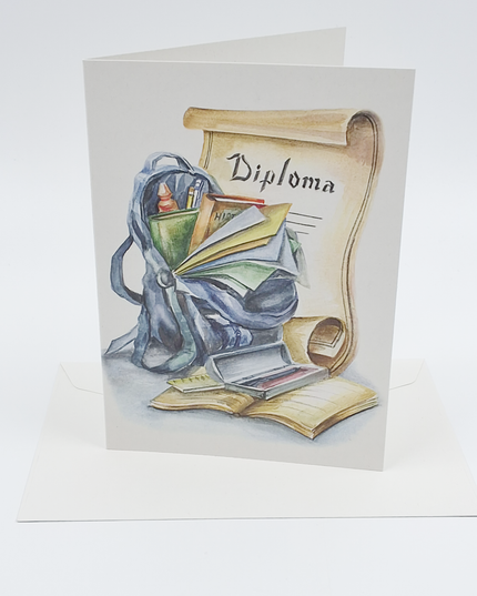 Wenskaart schooltas, diploma