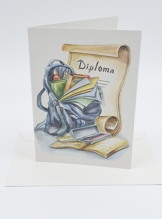 Wenskaart schooltas, diploma