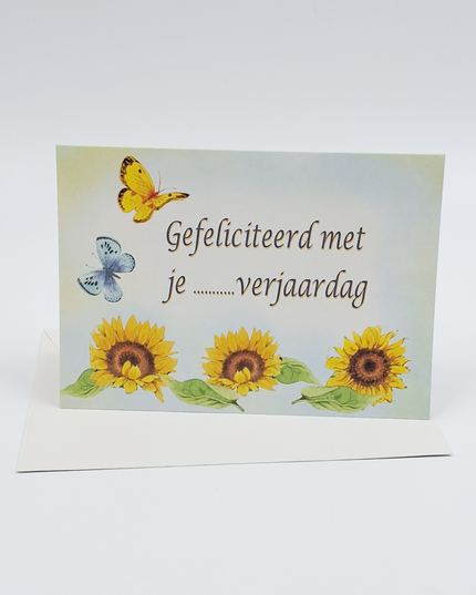 Wenskaart zonnebloemen vlinder, gefeliciteerd met je ... verjaardag