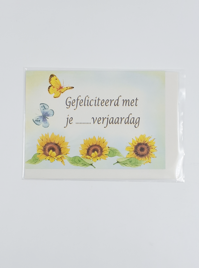 Wenskaart zonnebloemen vlinder, gefeliciteerd met je ... verjaardag