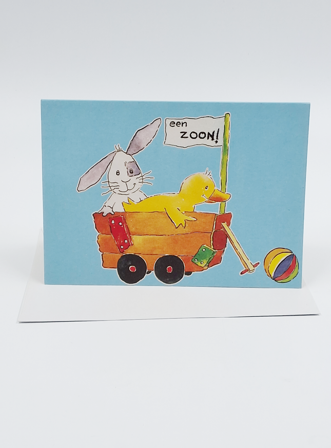 Wenskaart bolderkar zoon geboorte