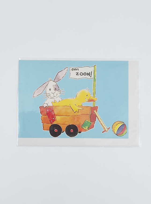 Wenskaart bolderkar zoon geboorte