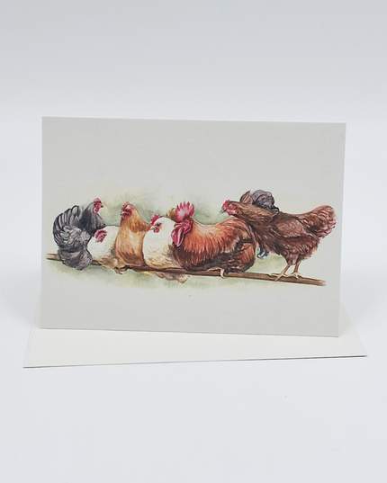 Wenskaart haan en kippen op stok