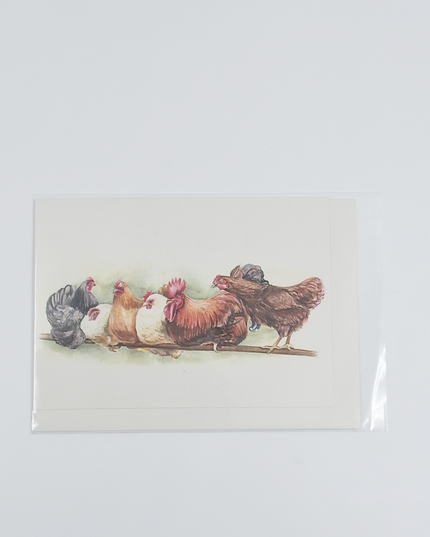 Wenskaart haan en kippen op stok