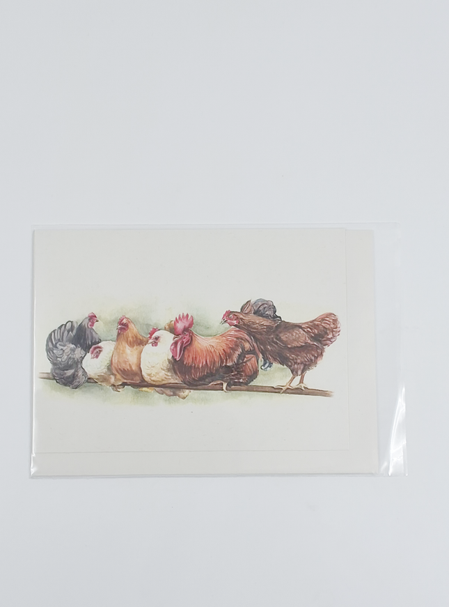 Wenskaart haan en kippen op stok