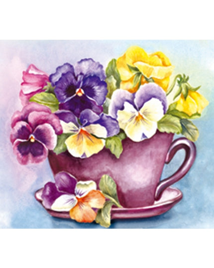 Wenskaart kop en schotel viooltjes