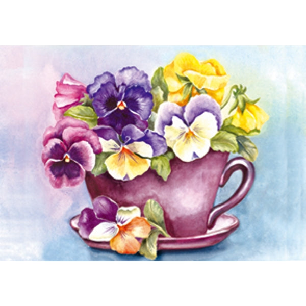 Wenskaart kop en schotel viooltjes