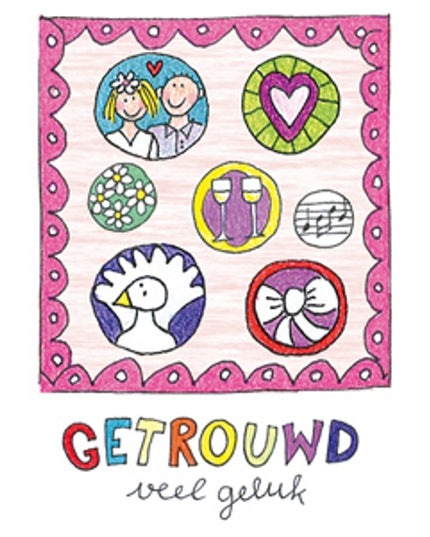 Wenskaart bruidspaar, getrouwd veel geluk