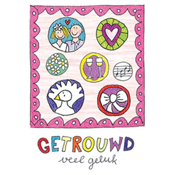 Wenskaart bruidspaar, getrouwd veel geluk