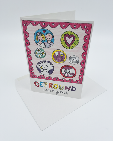 Wenskaart bruidspaar, getrouwd veel geluk
