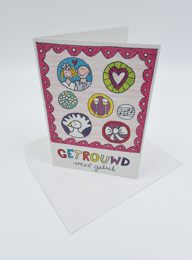 Wenskaart bruidspaar, getrouwd veel geluk