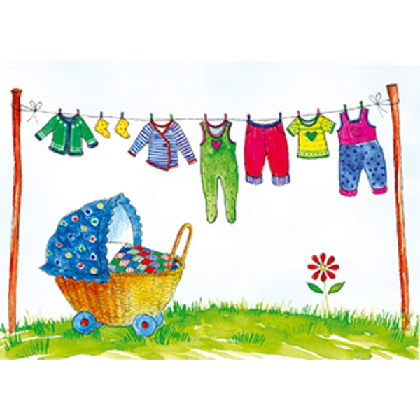 Wenskaart geboorte kinderwagen waslijn