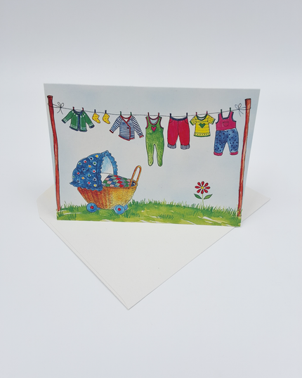 Wenskaart geboorte kinderwagen waslijn