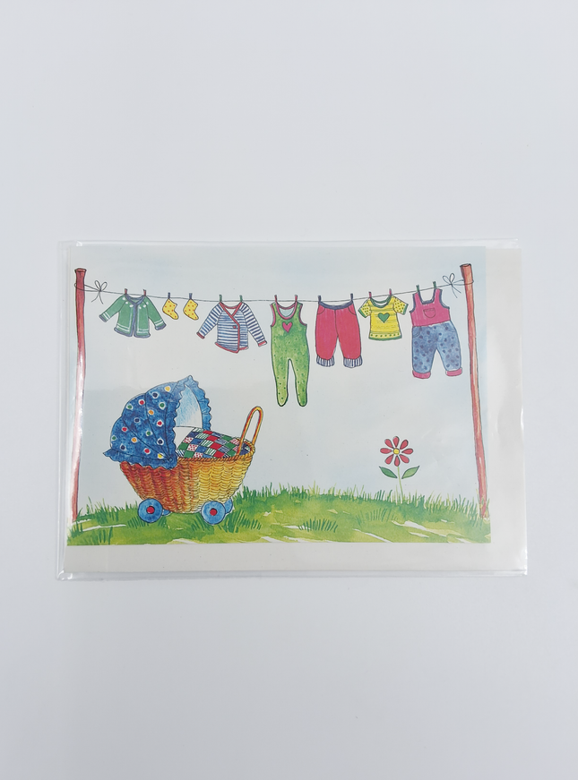 Wenskaart geboorte kinderwagen waslijn