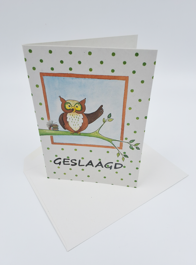 Wenskaart uil tak, geslaagd