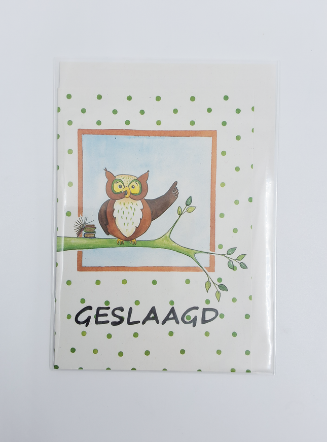 Wenskaart uil tak, geslaagd