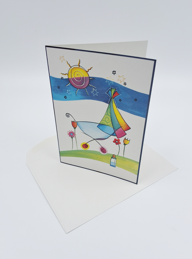 Wenskaart geboorte kinderwagen zon