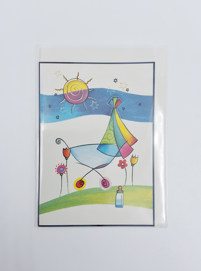 Wenskaart geboorte kinderwagen zon