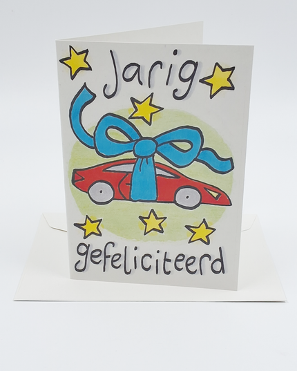 Wenskaart auto, jarig gefeliciteerd
