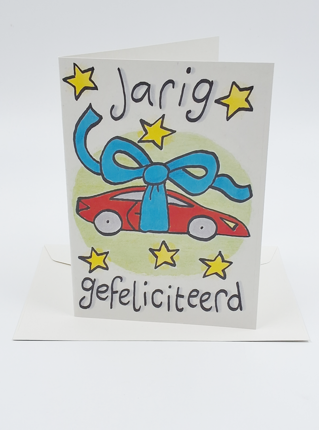 Wenskaart auto, jarig gefeliciteerd