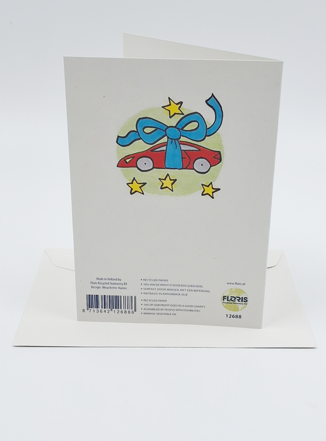 Wenskaart auto, jarig gefeliciteerd