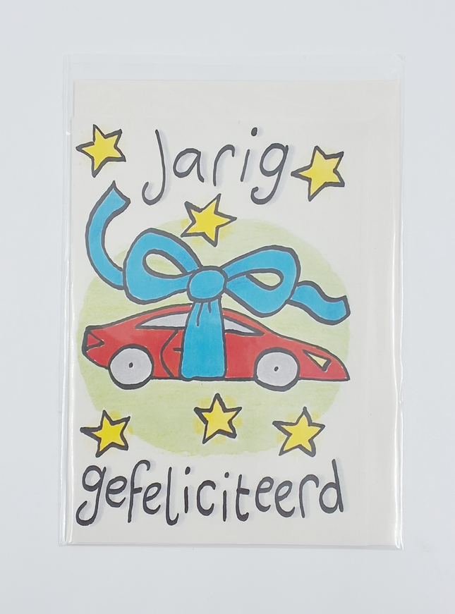 Wenskaart auto, jarig gefeliciteerd