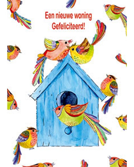 Wenskaart vogelhuis vogels, nieuwe woning