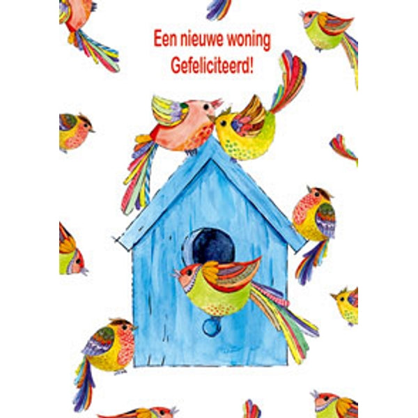 Wenskaart vogelhuis vogels, nieuwe woning