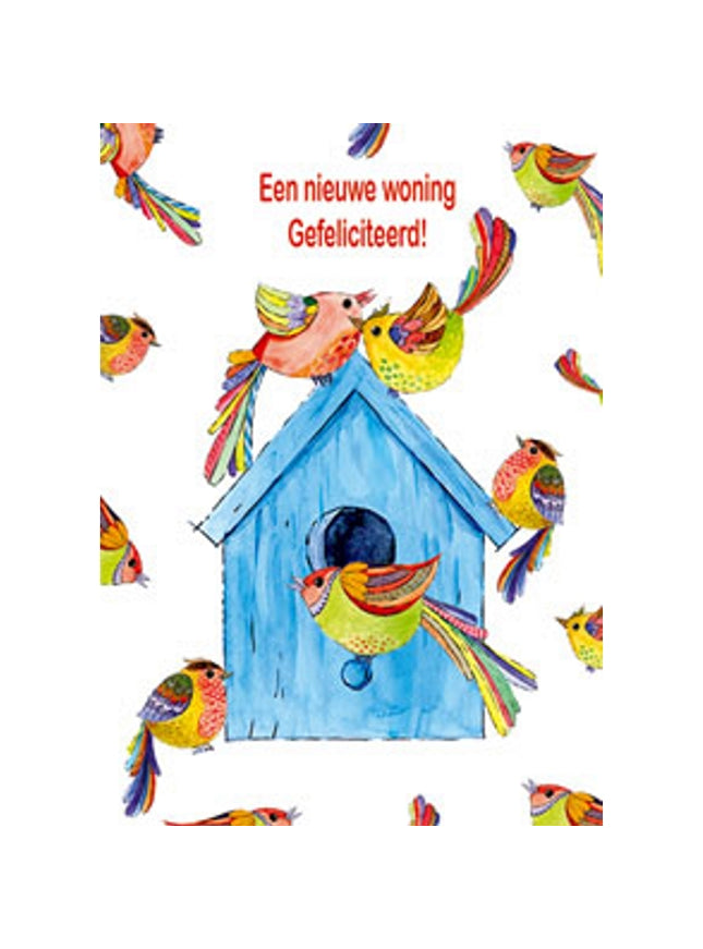 Wenskaart vogelhuis vogels, nieuwe woning