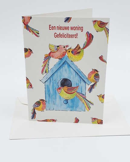 Wenskaart vogelhuis vogels, nieuwe woning