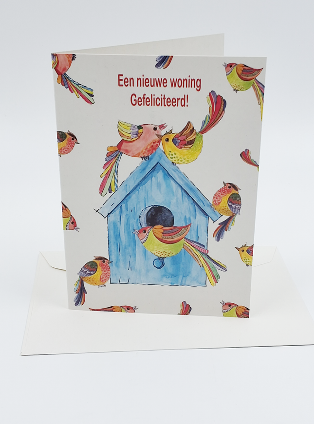 Wenskaart vogelhuis vogels, nieuwe woning