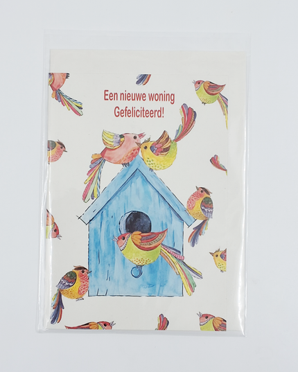 Wenskaart vogelhuis vogels, nieuwe woning