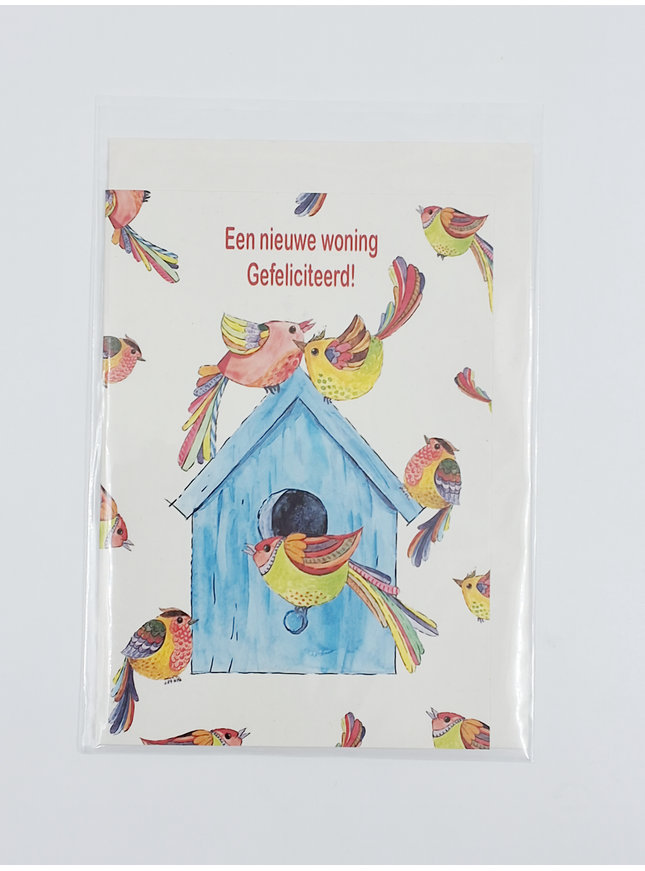 Wenskaart vogelhuis vogels, nieuwe woning