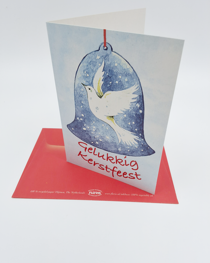 Wenskaart duif in kerstklok "gelukkige kerst"