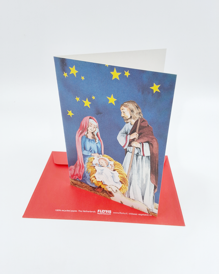 Wenskaart Jozef, Maria en kribbe