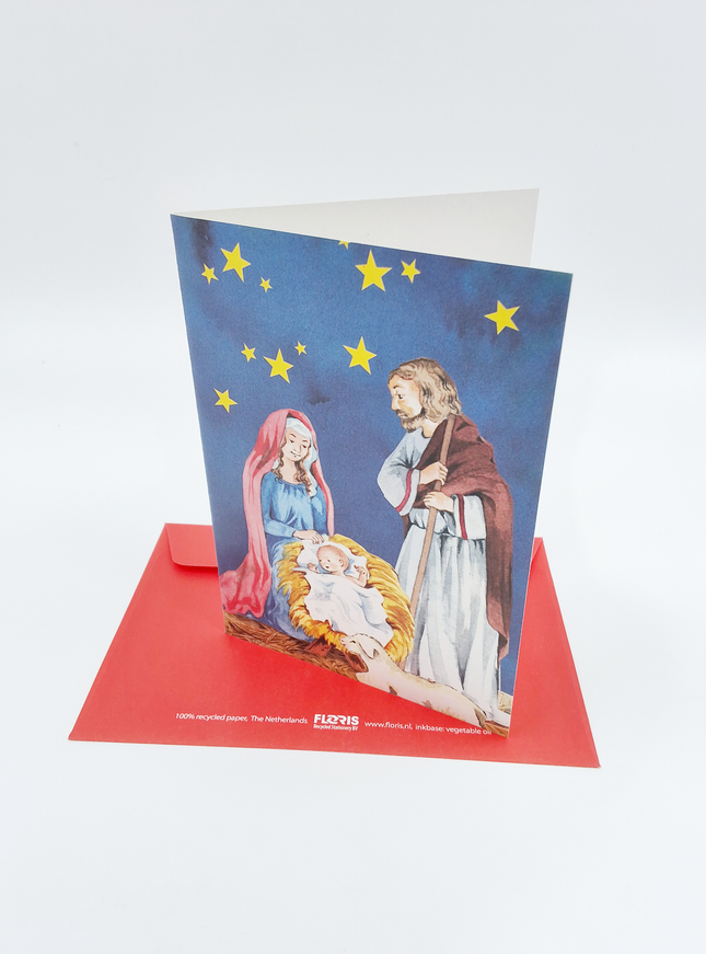 Wenskaart Jozef, Maria en kribbe