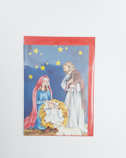 Wenskaart Jozef, Maria en kribbe