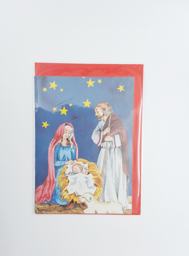 Wenskaart Jozef, Maria en kribbe