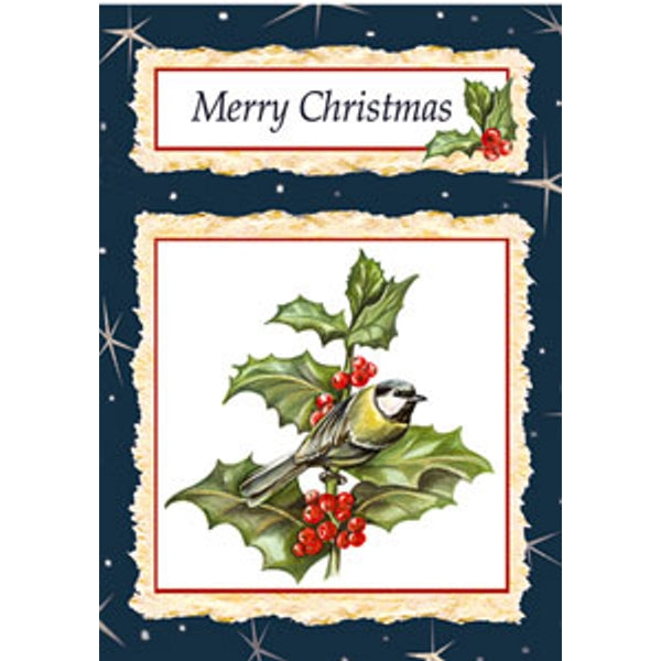 Kerstkaart mees op hulst "Merry Christmas"