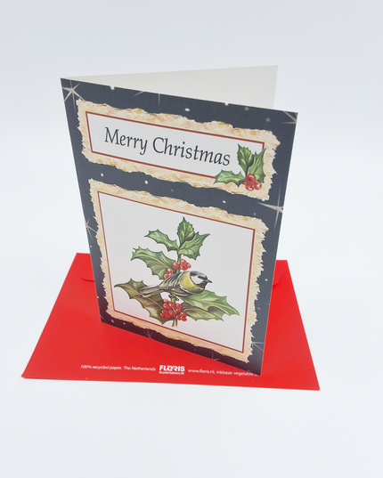 Kerstkaart mees op hulst "Merry Christmas"