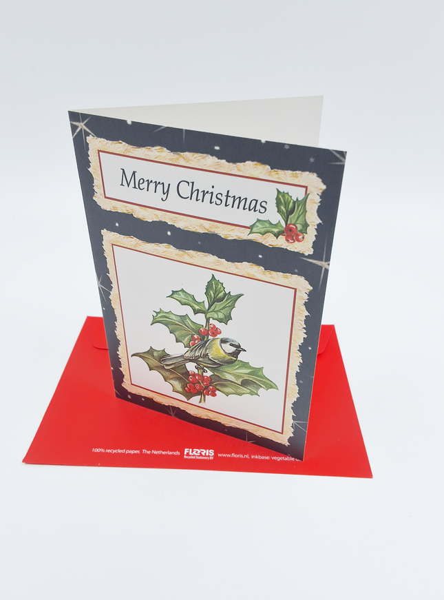 Kerstkaart mees op hulst "Merry Christmas"