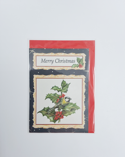 Kerstkaart mees op hulst "Merry Christmas"