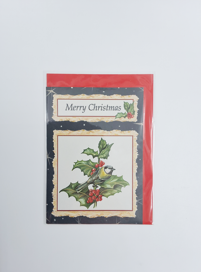 Kerstkaart mees op hulst "Merry Christmas"