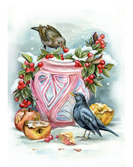 Wenskaart bloempot in sneeuw met merels